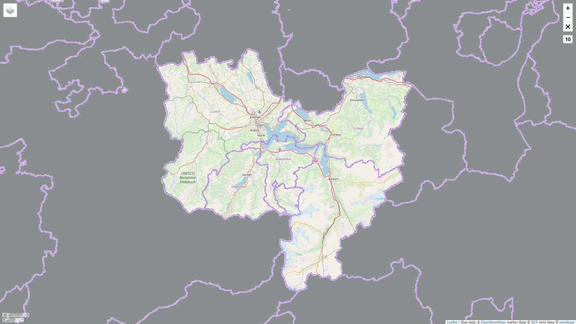 Kartenaussschnitt der Kantone Uri, Schwyz, Obwalden, Nidwalden und Luzern
