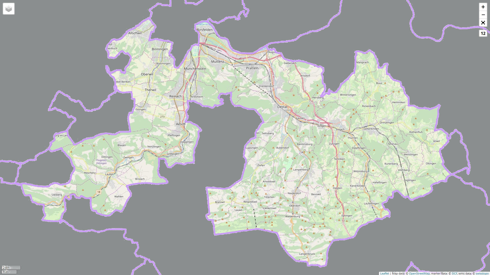 Kartenausschnitt des Kanton Basel-Landschaft