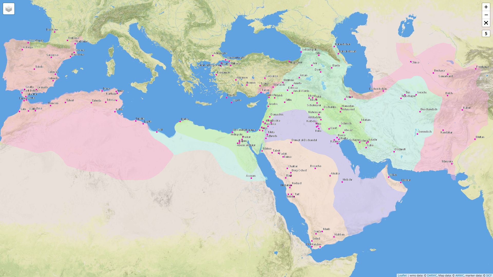 Digital Atlas of Roman and Medieval Civilizations: Karte mit islamischen Gebieten und Städten